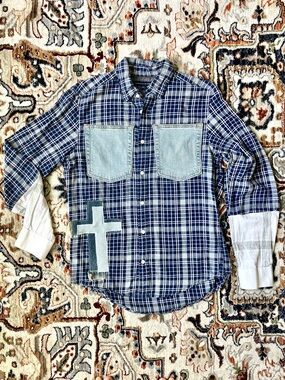 Upcycled Blue Plaid Shirt Denim Unisex OOAK Jesus Christian Size Small